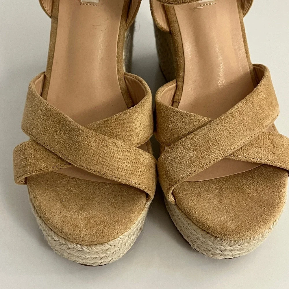 JOY IN LOVE Espadrille Wedge Sandals Women 7 Tan Solid Platform Summer Boho Heel